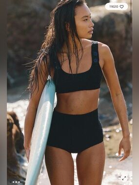 Seea Georgia Surf Top & High-Waisted Surf Bottoms Swimsuit Bikini Set Black $196